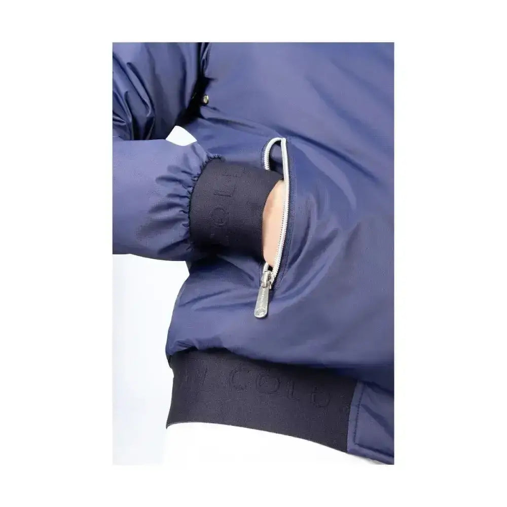 Navy blue coldstream lanton blouson puffer jacket with silver zipper ribbed cuffs and high rise collar
