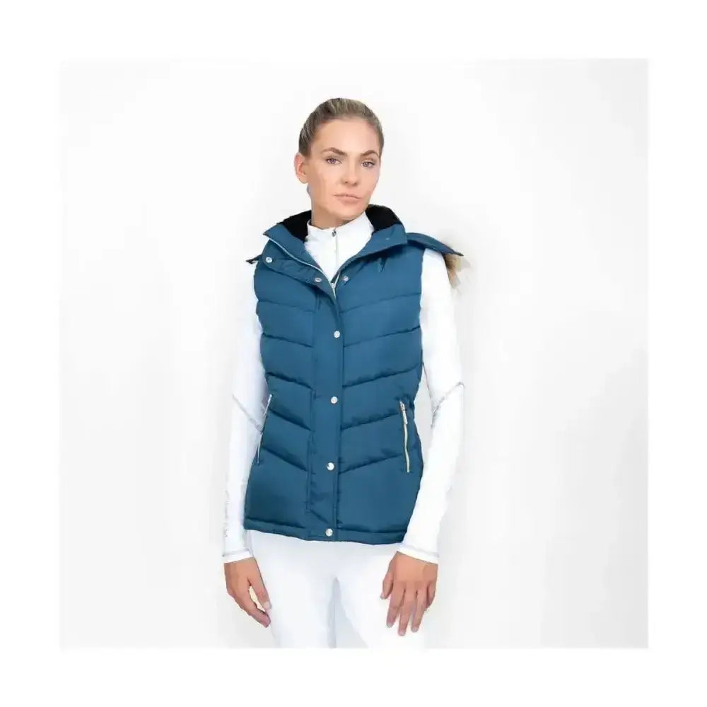 Coldstream leitholm quilted vest in cool slate blue with black-lined hood and silver zipper accents
