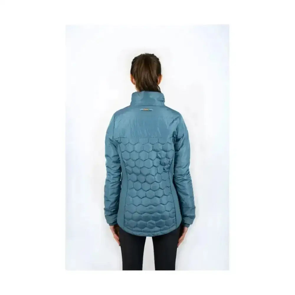A teal cool slate blue coldstream linton lightweight jacket with quilted hexagonal stitch and high collar design