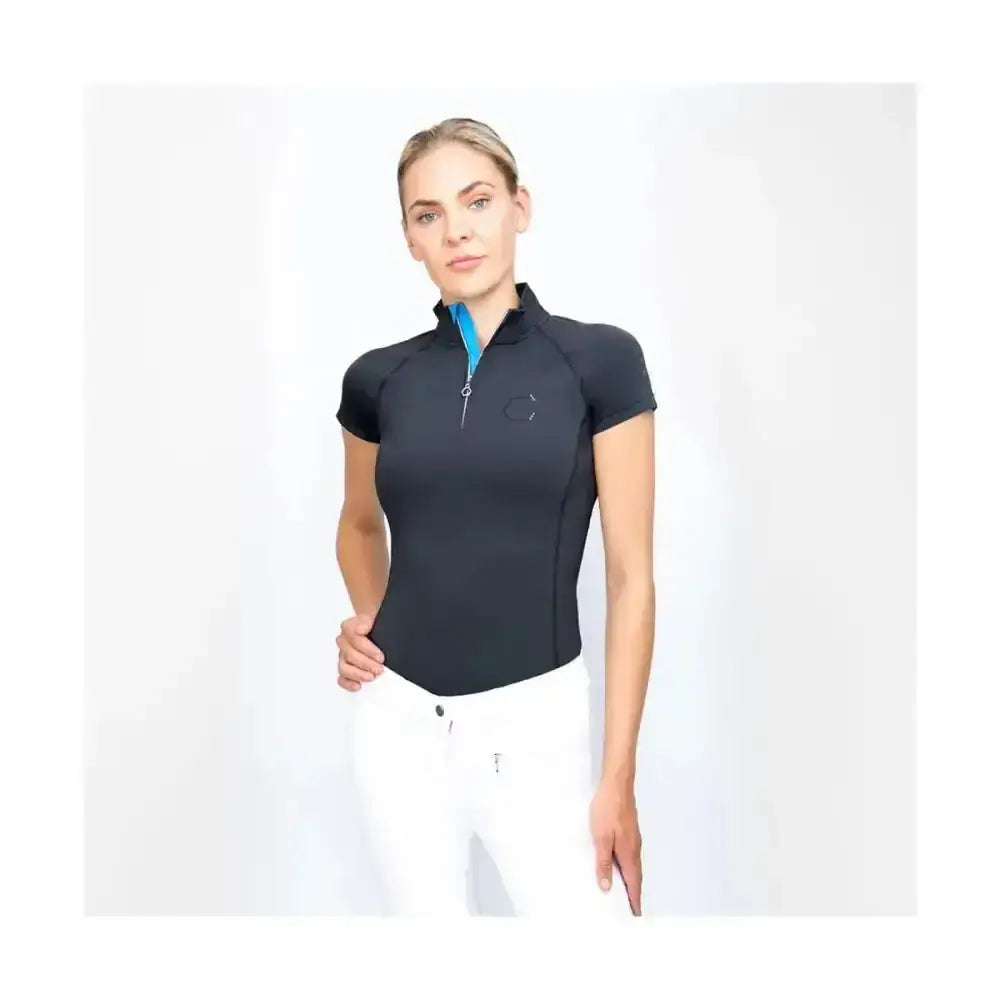 Black coldstream midlem short sleeve base layer with blue zipper and subtle embroidered logo perfect for riding