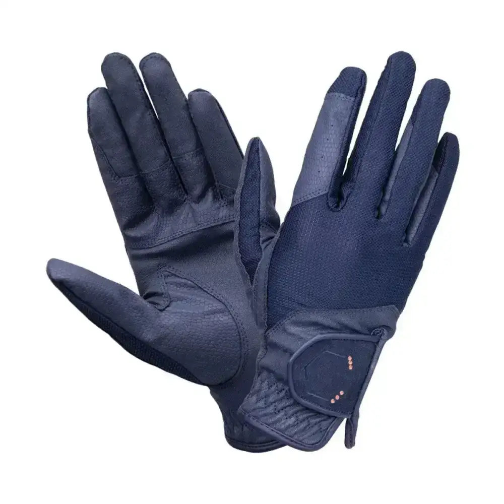 Dark navy blue blakelaw diamante riding gloves with reinforced palm and hexagonal wrist strap for close contact fit