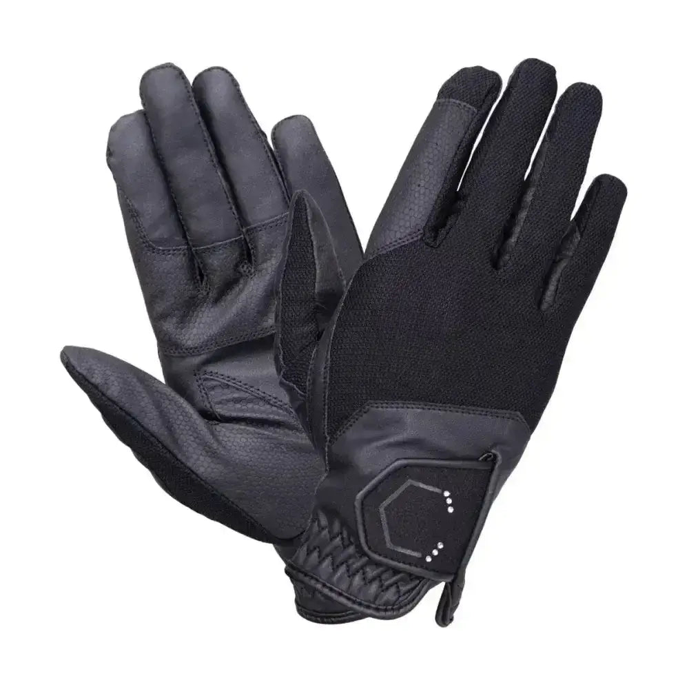 Black tactical blakelaw diamante riding gloves with reinforced leather palms and breathable mesh for close contact fit