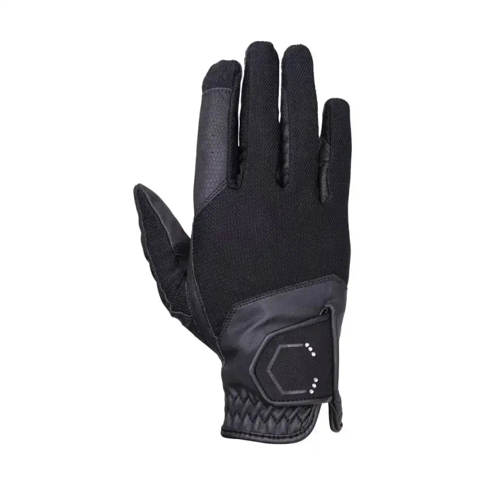 Back view of black coldstream next generation blakelaw diamante kids riding gloves with textured fabric and hexagonal logo patch for close contact fit