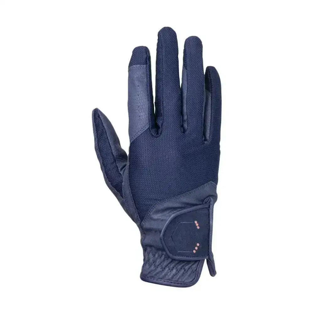 Navy blue coldstream next generation blakelaw diamante kids riding gloves with reinforced fingertips and hex wrist strap detail