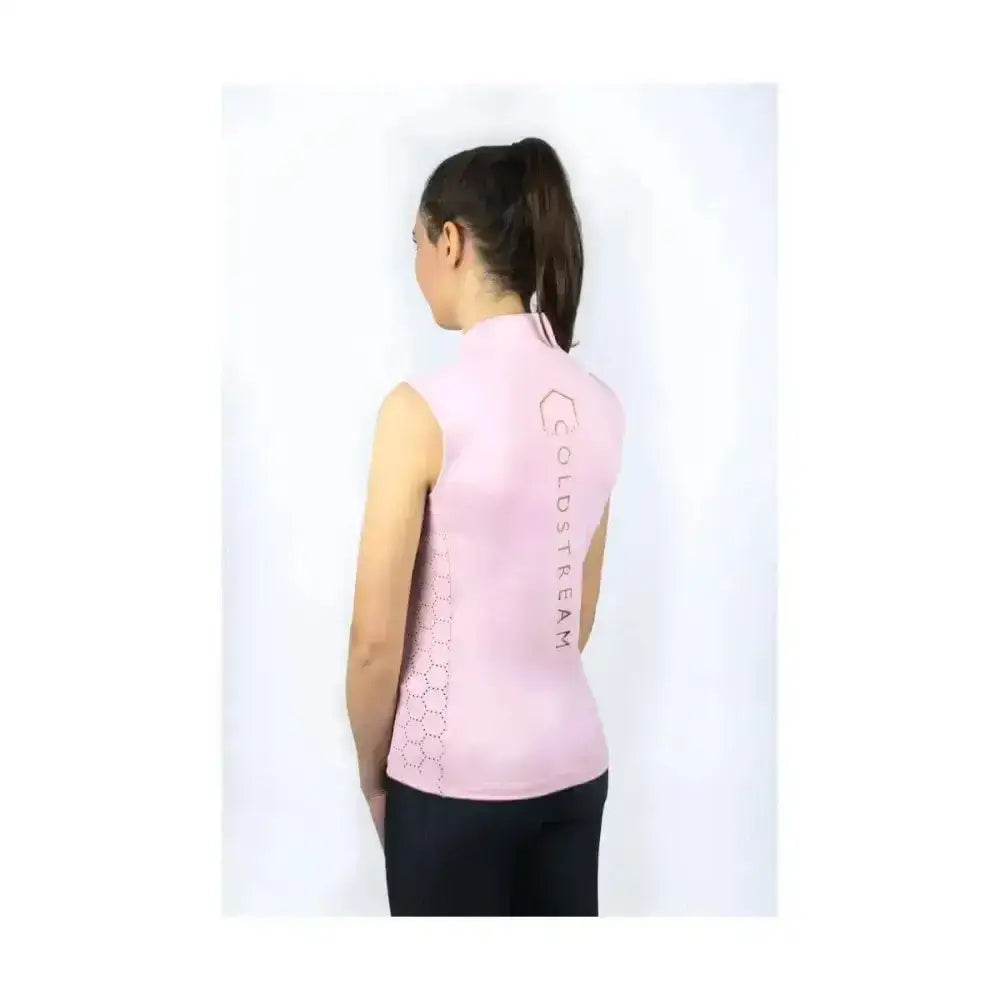 Back of blush pink coldstream next generation cranshaws sleeveless base layer with honeycomb pattern and branding