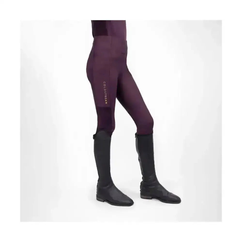 Purple high waisted ednam riding tights with subtle gradient and gold clothes branding featuring technical capillary action