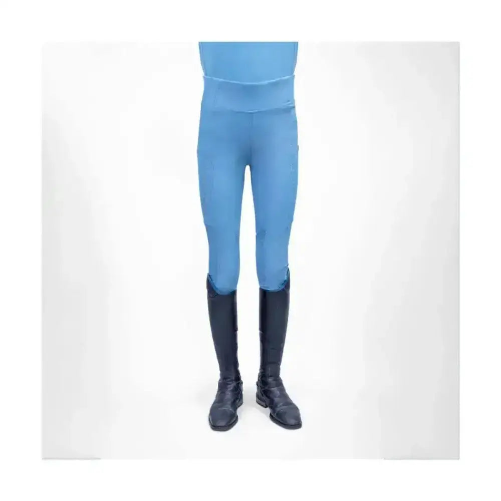 Light blue form-fitting ednam riding tights with high waistband and subtle seams for technical capillary action