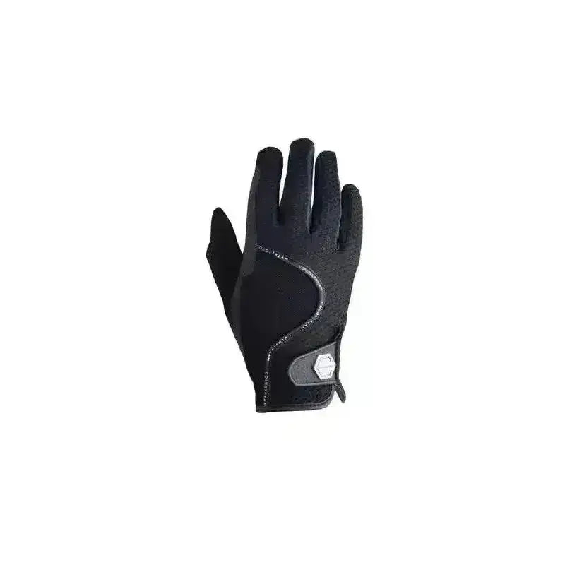 Back side of black coldstream next generation lintlaw coolmesh summer childs riding gloves with gray stitching and hex logo patch