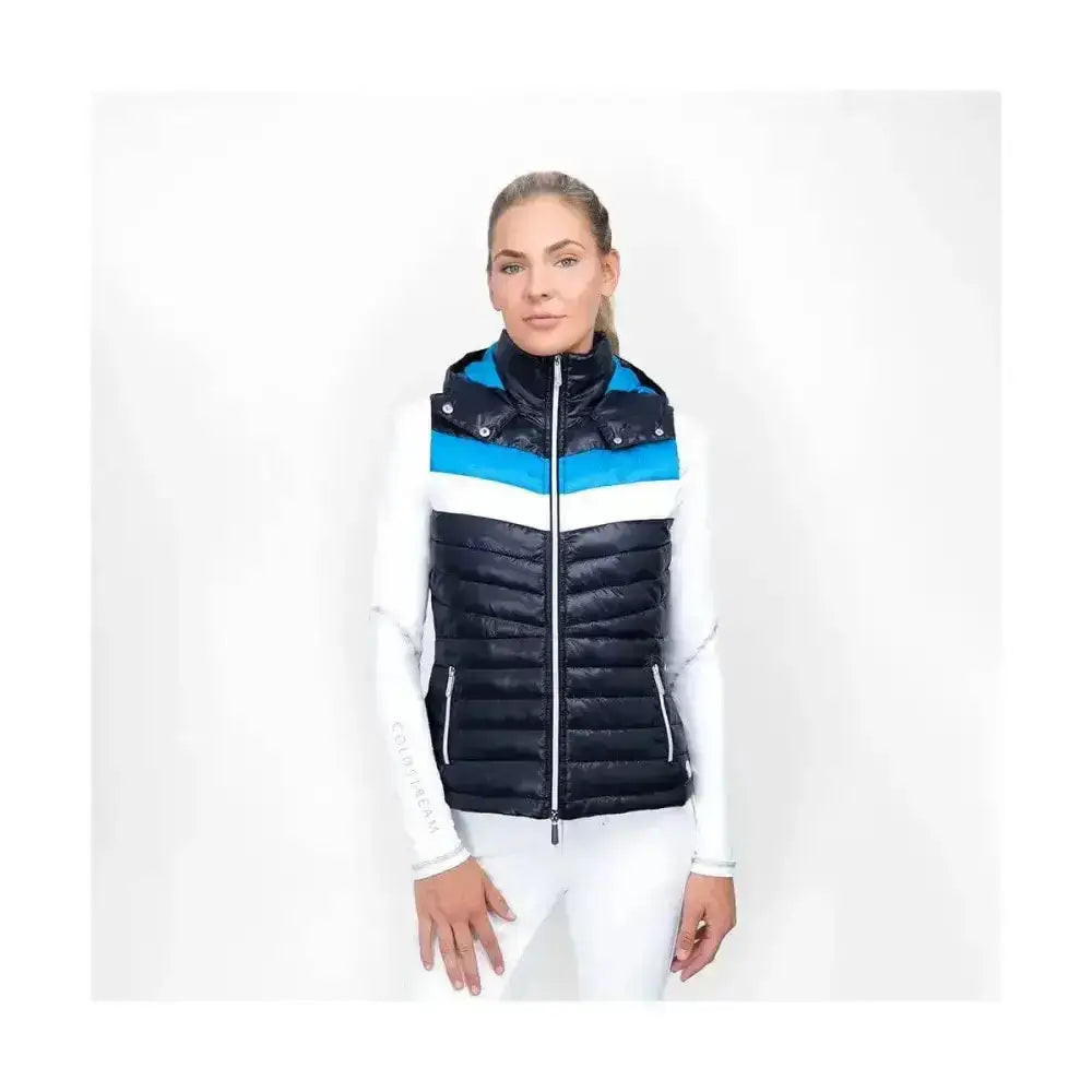 A sleek black southdean quilted gilet with bold blue and white stripes and silver zippers perfect for chilly days