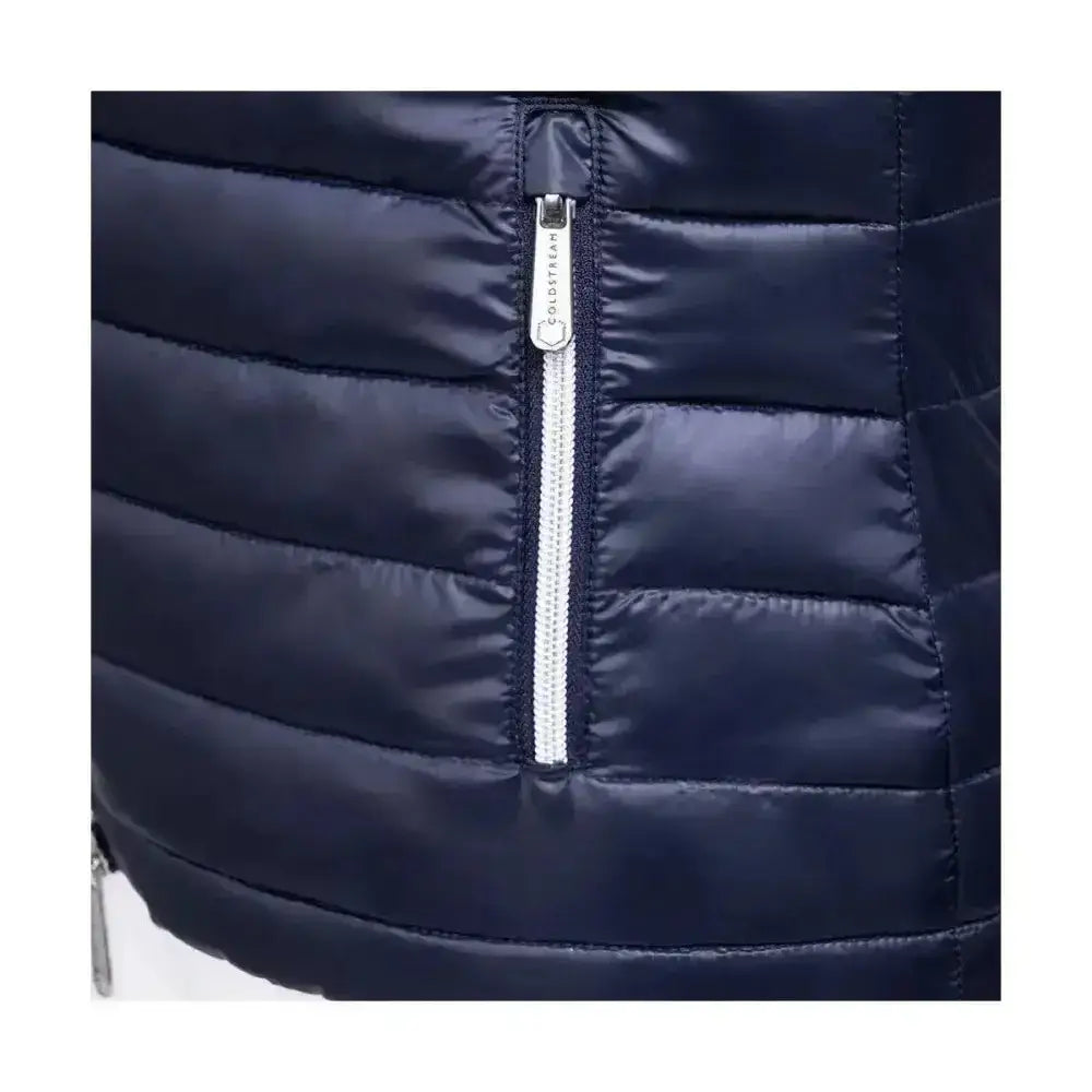 Navy blue quilted jacket with silver glostrech zipper pull coldstream southdean quilted jacket navy white blue