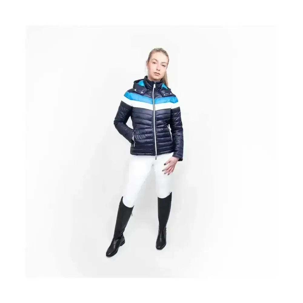 Navy blue southdean quilted jacket with turquoise and white stripes and hood coldstream southdean quilted jacket navy white blue