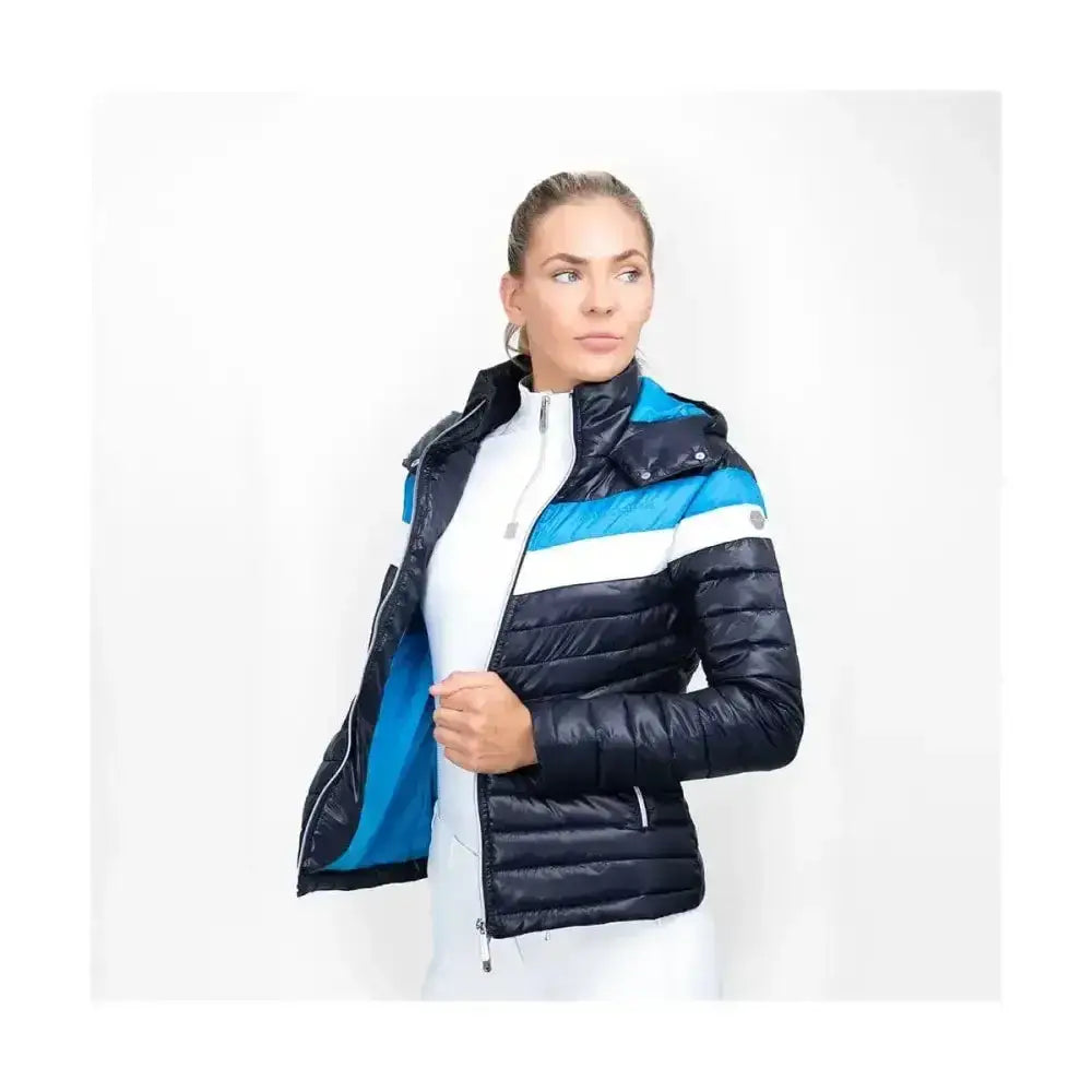 Navy blue and bright blue puffer quilted jacket with white stripes coldstream southdean quilted jacket