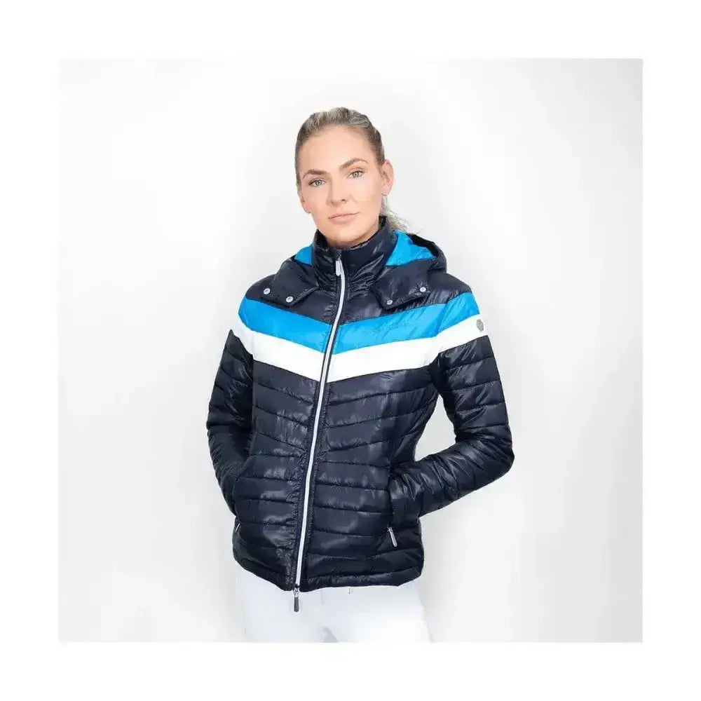 Navy southdean quilted jacket with bold turquoise and white diagonal stripes for a stylish coldstream look