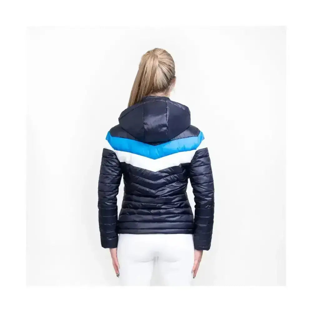 Navy blue quilted jacket with bold chevron pattern on back and attached hood coldstream southdean quilted jacket