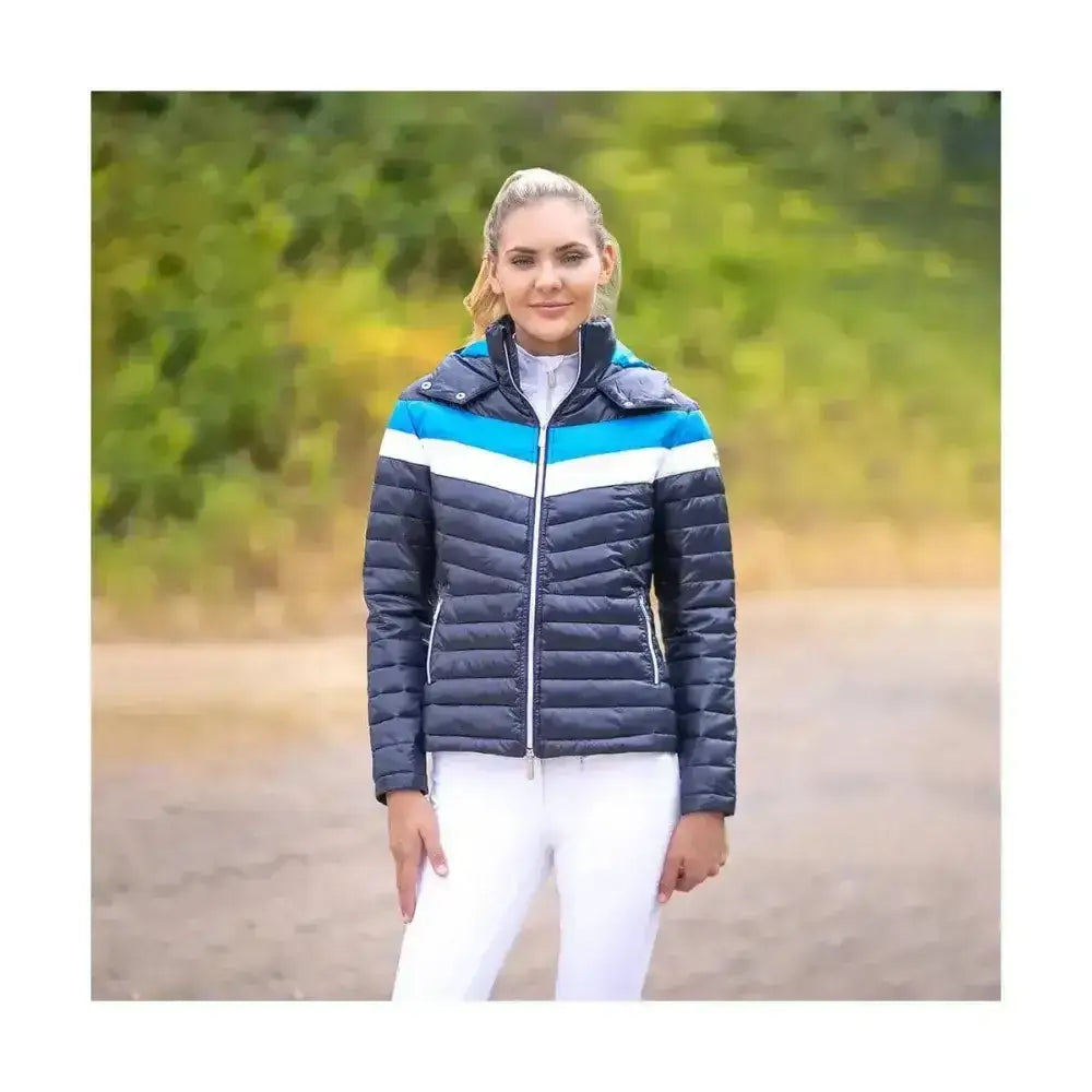 Navy blue coldstream southdean quilted jacket with bold turquoise and white stripes across chest and shoulders