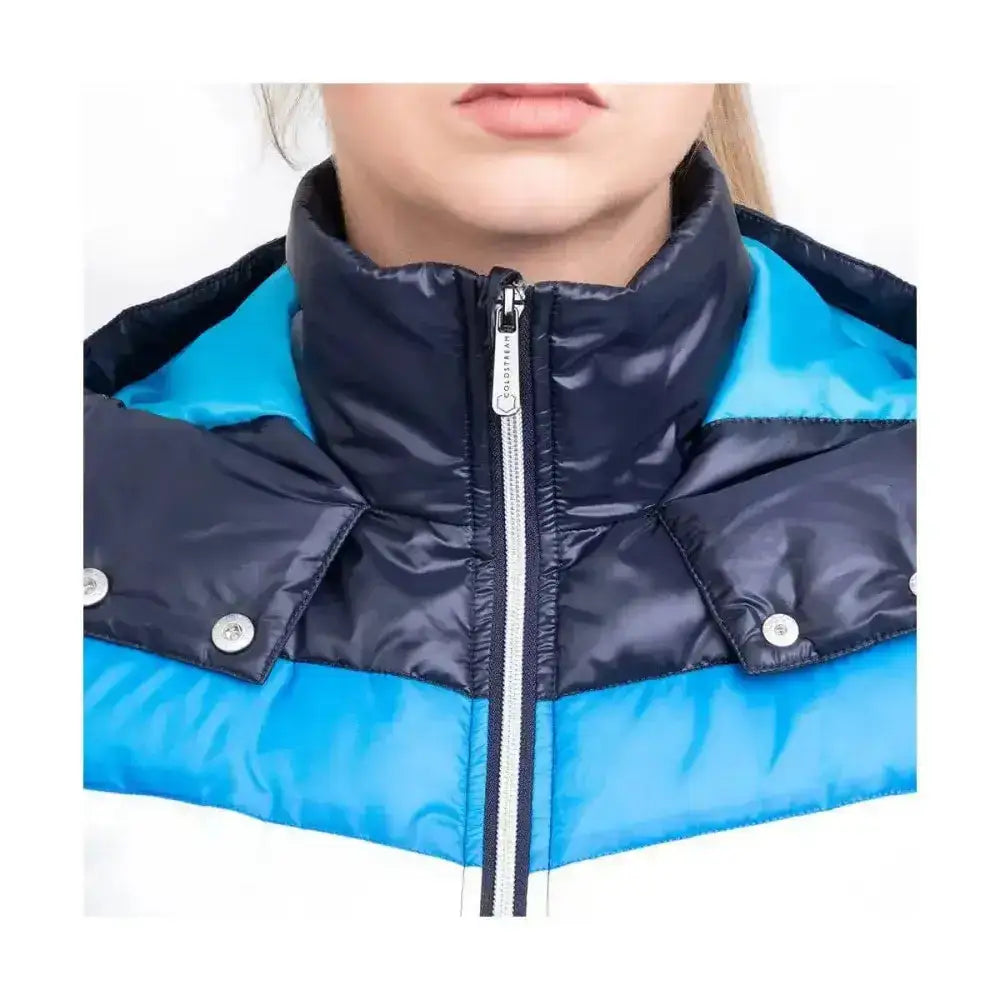 Navy and bright blue coldstream southdean quilted jacket with high collar silver zipper pull and snap buttons