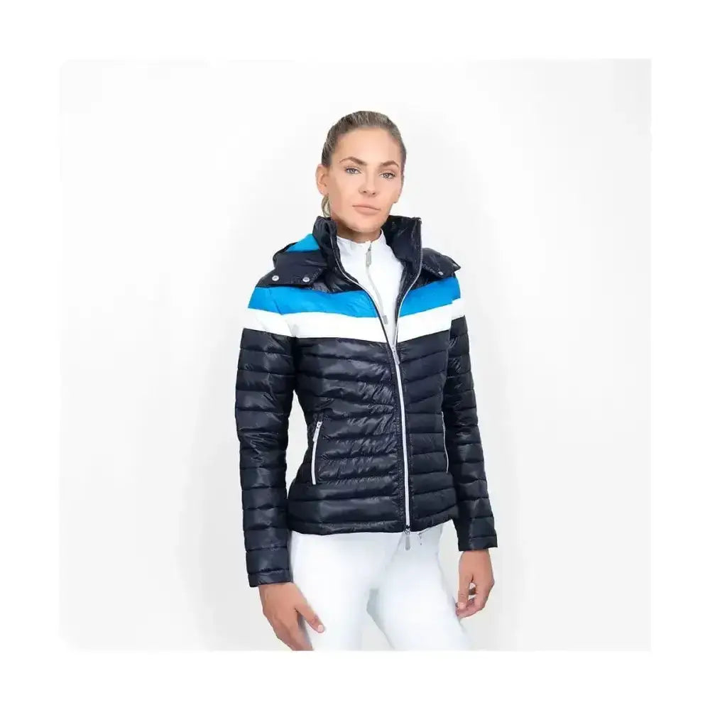 Navy quilted jacket southdean quilted jacket with bright blue and white stripes on shoulders for coldstream style