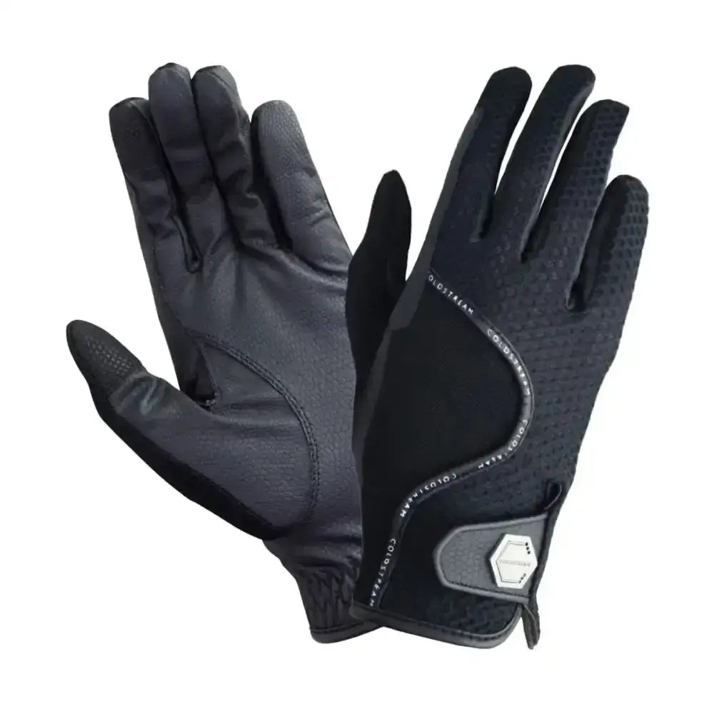 Black coldstream swinton combi mesh summer riding gloves with textured grip panels and hexagonal wrist emblem back view