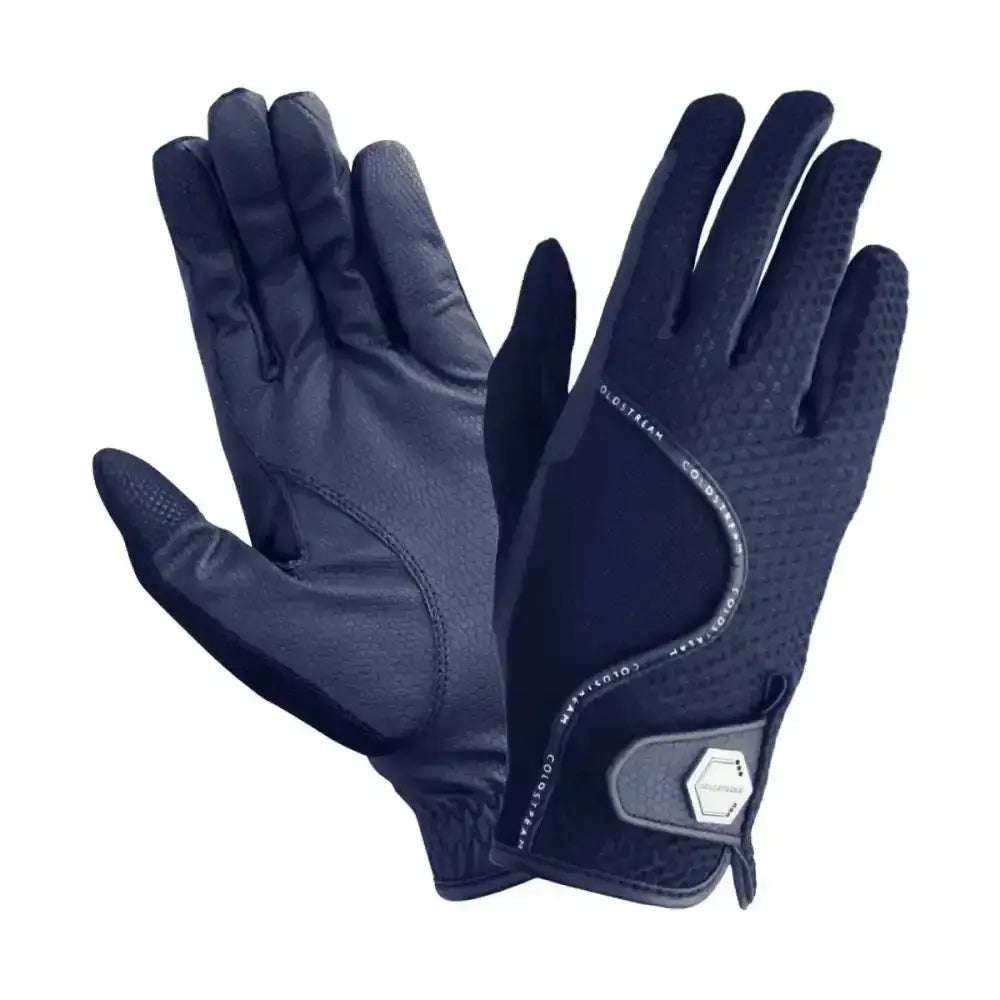 Black coldstream swinton combi mesh summer riding gloves with textured palms and gray wrist strap accents