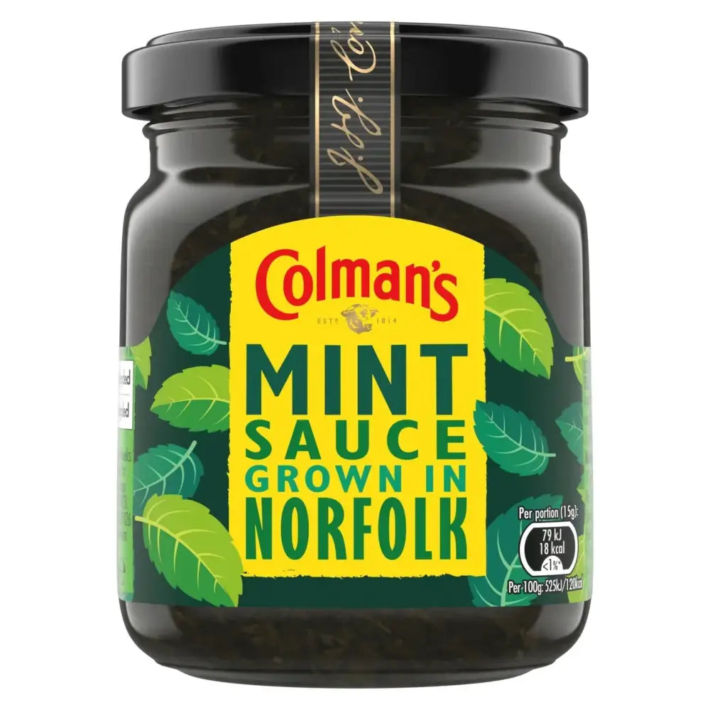 Colemans mint sauce in a dark glass jar with a yellow and green leaf label perfect for adding fresh flavor