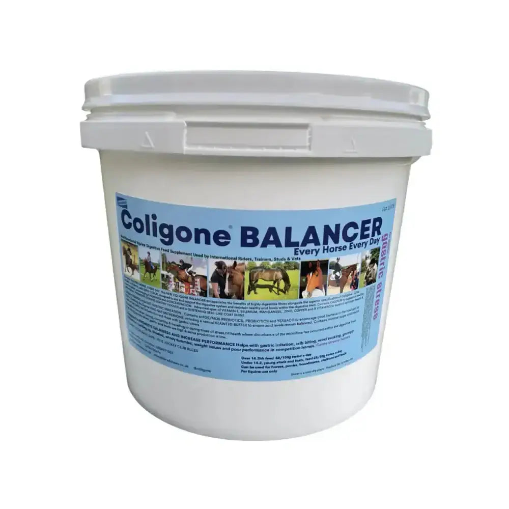 White plastic bucket with blue label of coligone balancer powder featuring horses and highly digestible fibres text