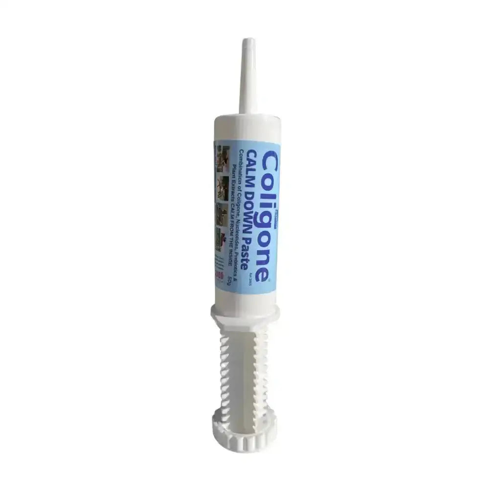 White plastic tube of coligone calm down paste with naturally sourced calming ingredients for dogs digestive tract
