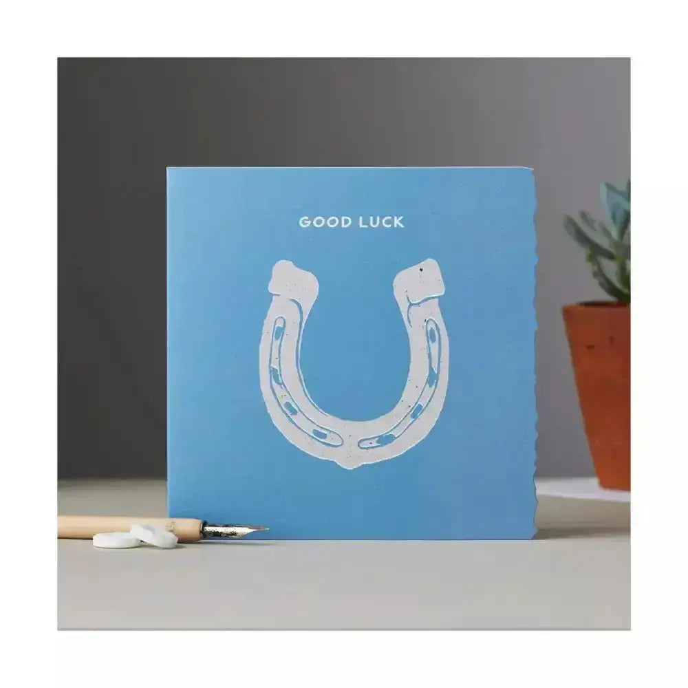 A light blue colour block pony card with a white good luck horseshoe and teal accents perfect for wishing luck