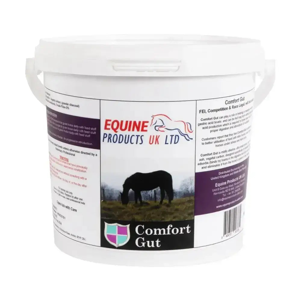 White plastic bucket with lid and handles labeled comfort gut by equine products uk ltd with highest quality activated charcoal