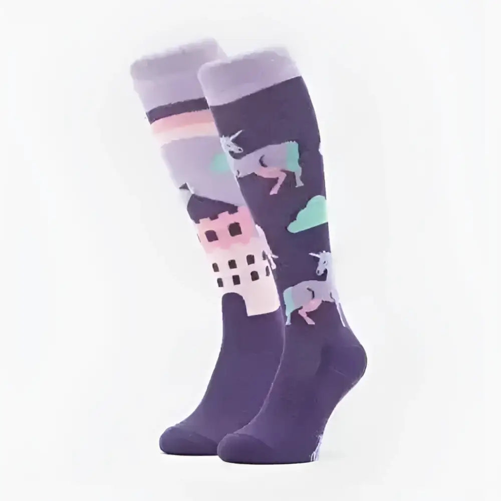 Comodo purple unicorn knee-high socks with pastel unicorn and castle designs perfect for odd sock movement fans