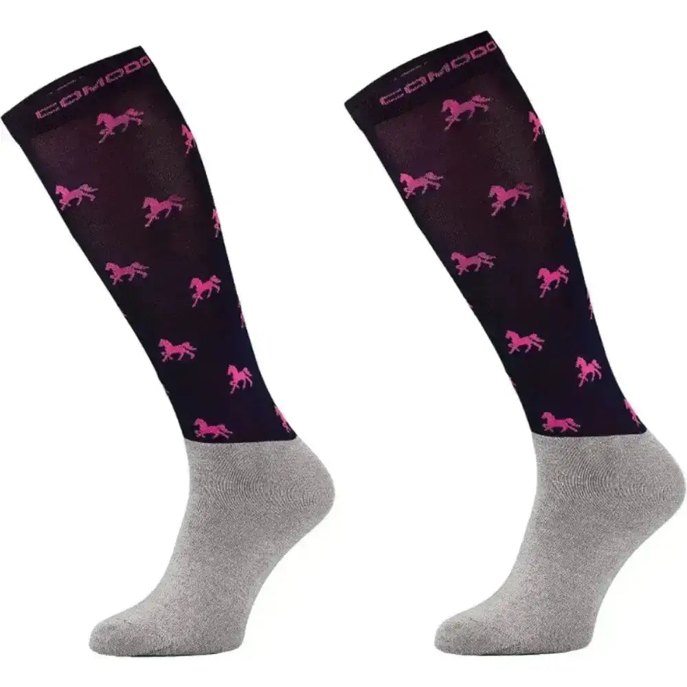 Black and pink horse patterned comodo womens micro fibre novelty horse socks with gray foot section