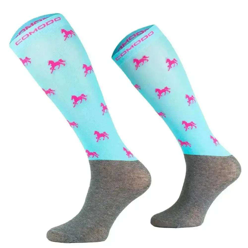 Light blue and gray comodo womens micro fibre novelty horse socks with pink horse silhouettes and brand name visible