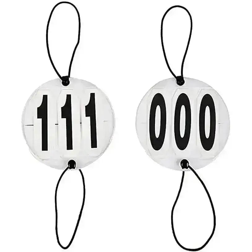 White circular competitor number discs with black numerals and string loops perfect for competition accessories