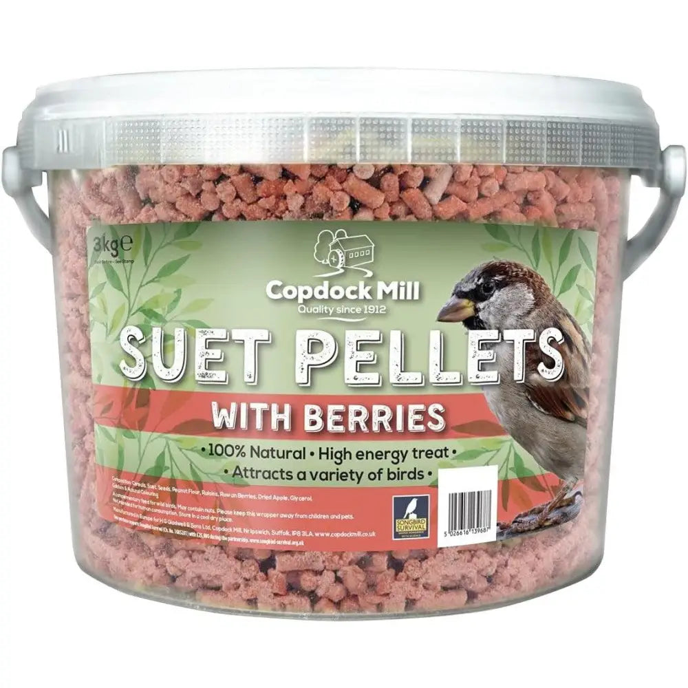 A clear plastic bucket with a silver lid filled with pinkish brown suet pellets berry for wild bird feeding berry tub 3kg