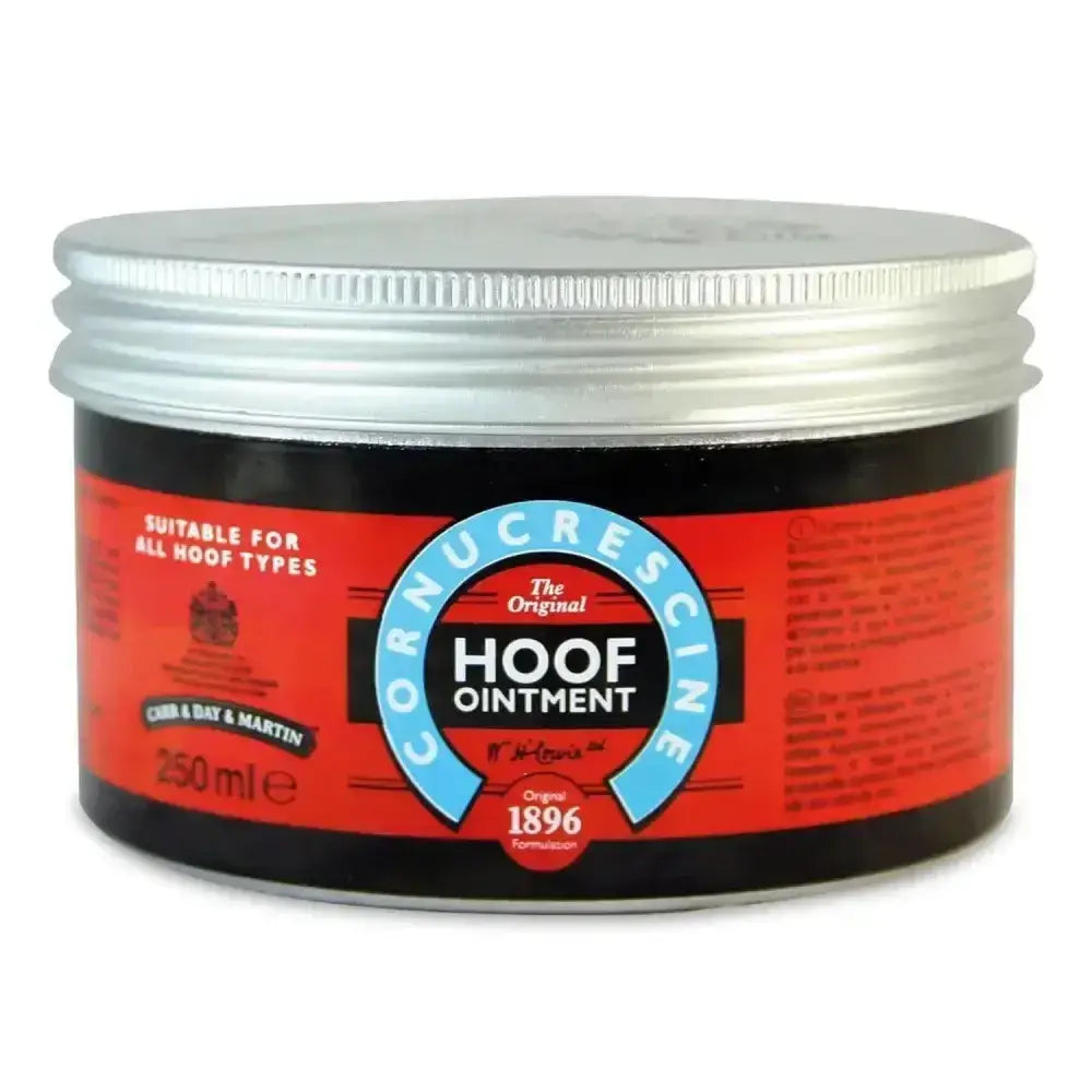 Red and black labeled jar of cornucrescine original hoof ointment with silver metal lid for coronet band care