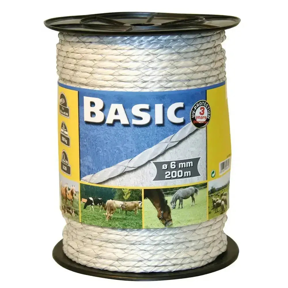 A spool of white braided synthetic corral basic fencing rope with tinned iron wires 200m and black plastic core
