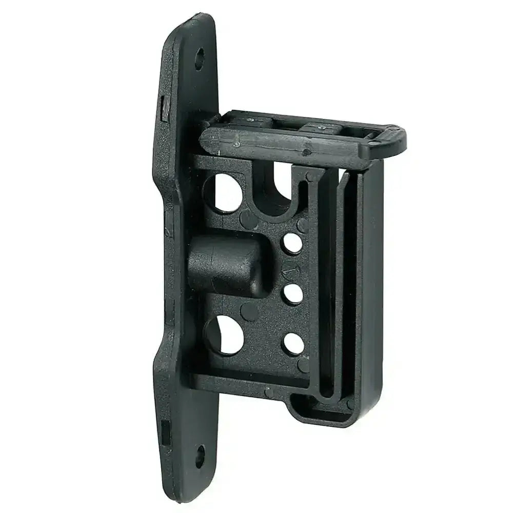 Black plastic corral clip insulator with central knob and circular cutouts ideal for fence line insulator use