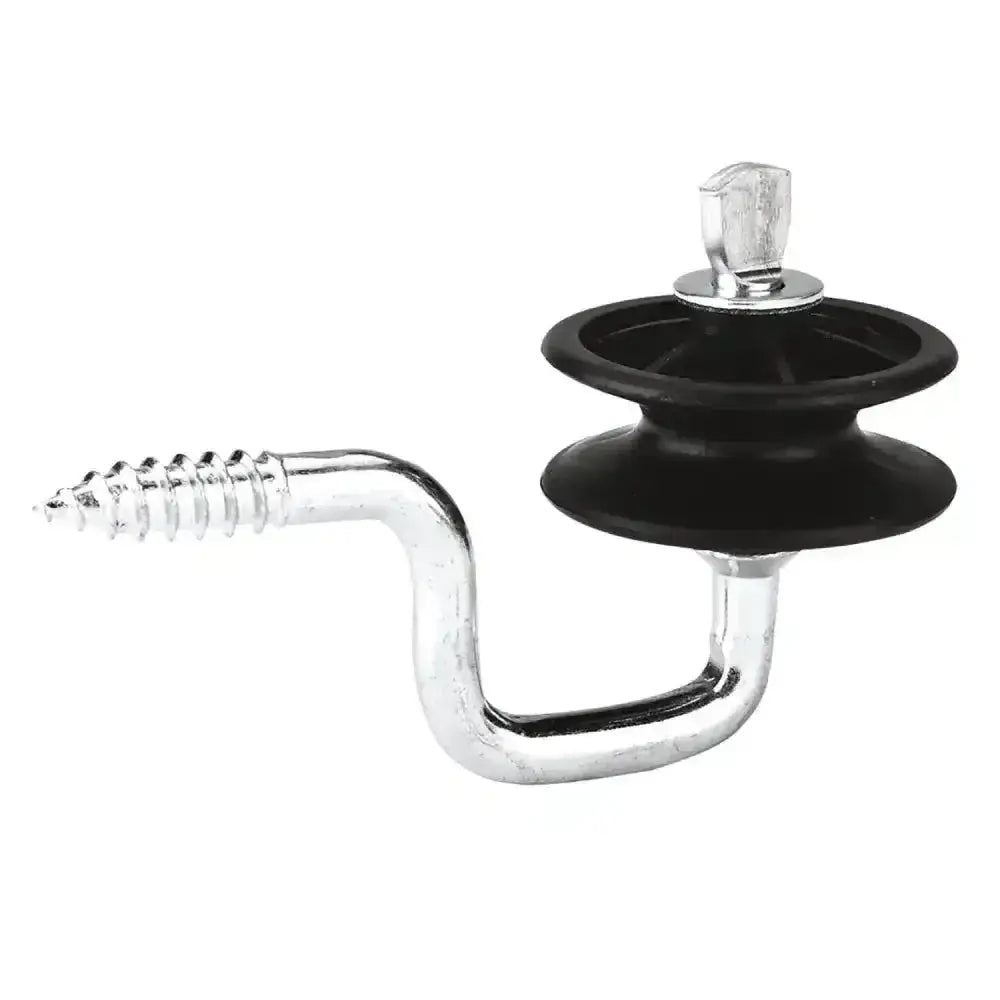 Chrome-plated corral corner insulator screw hook with black rubber suction cup and silver knob for rope swivel insulator use