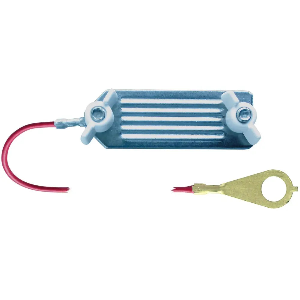 Silver rectangular automotive alternator regulator with red wire and brass terminal for corral energiser-to-tape connector electric fencing