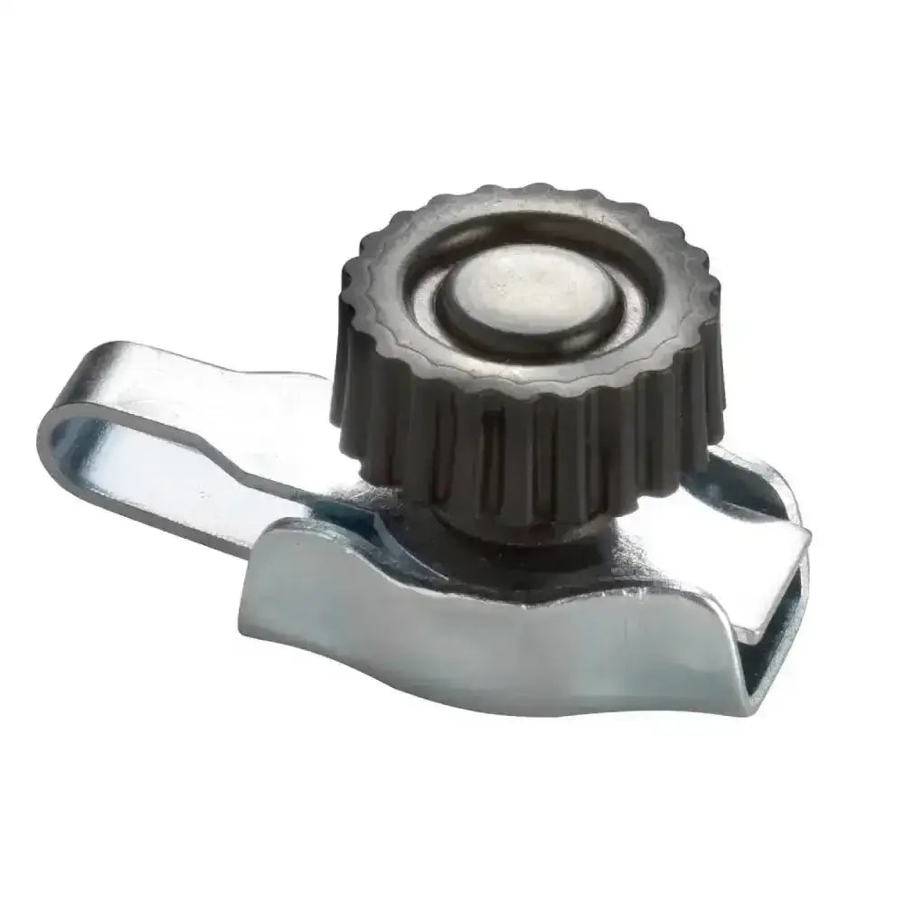 Silver metal corral gate handle with black knob and circular center perfect as a polywire connector or tension limiter