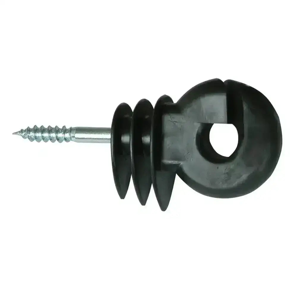 Black plastic corral ring insulator with circular head and metallic threaded shaft for short support impact use
