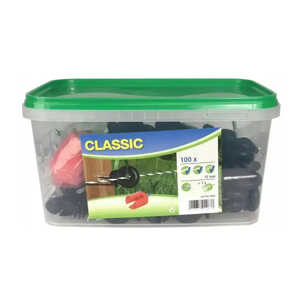 Clear plastic container with green lid holds 100 black screw-in corral ring insulator garden spikes classic style