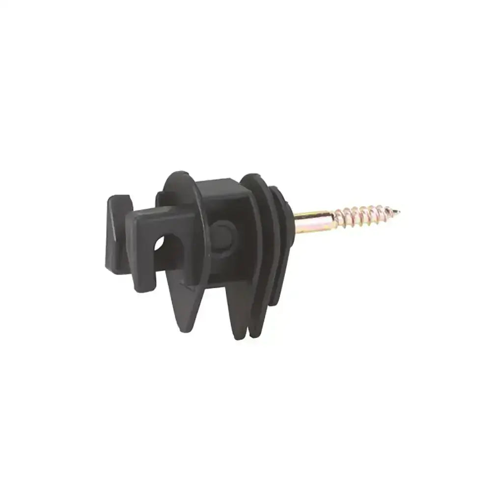 Black plastic corral rope insulator euro with claw-like attachment and metallic threaded shaft for ropes