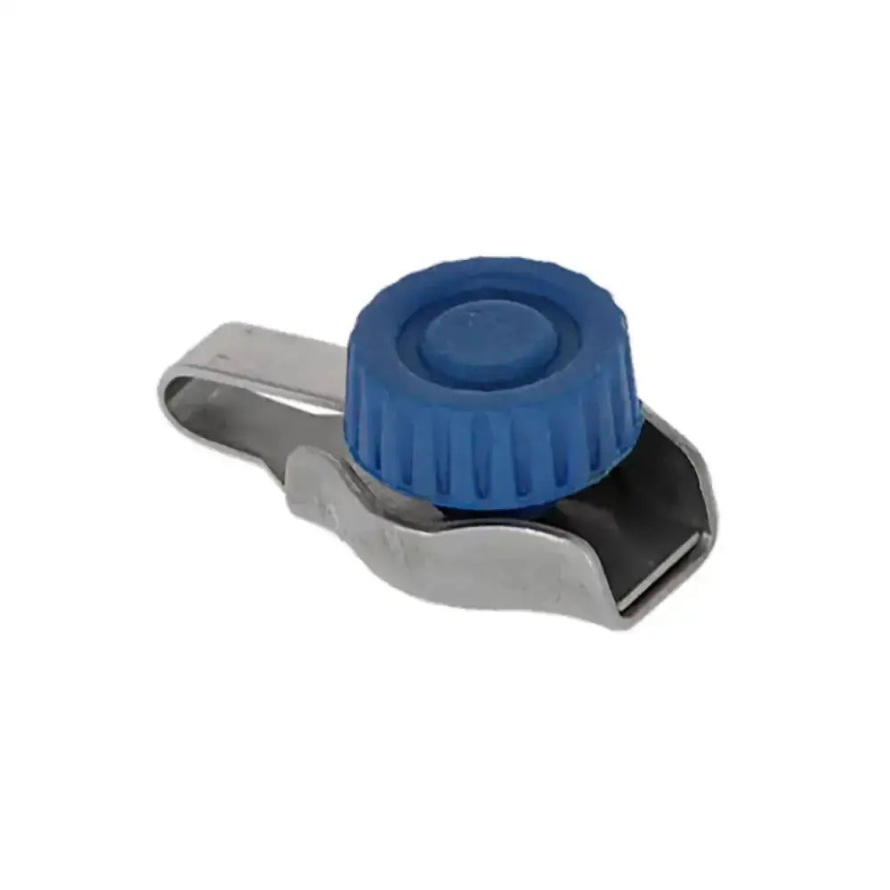 Blue plastic knob on a stainless steel corral screw rope strand connector for secure rope strand connectors stainless use