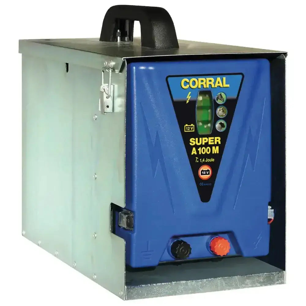 Blue corral super a 100m electric fence energizer with black handle and green lights featuring a powerful 12v rechargeable battery