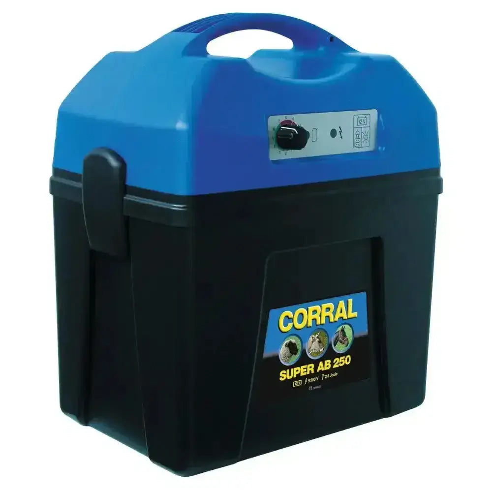 Blue and black corral super ab 250 rechargeable battery unit with handle powerful 12v rechargeable fence charger