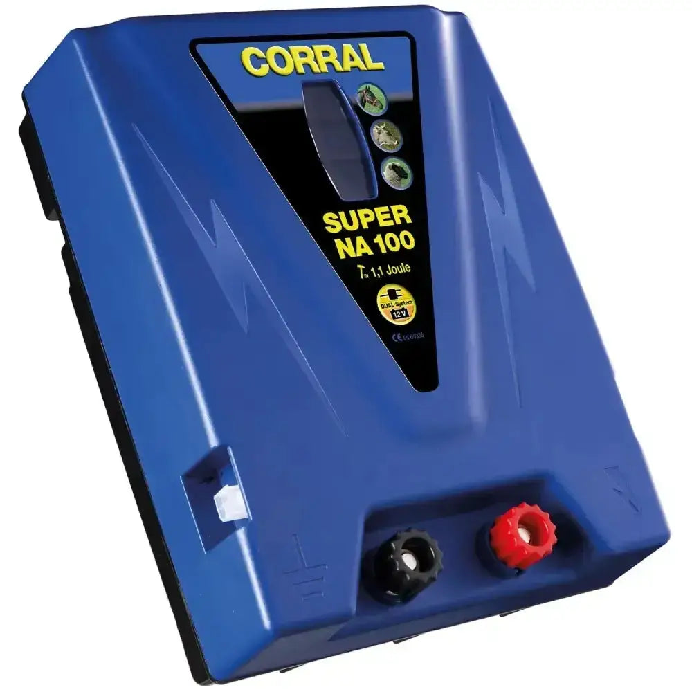 Blue plastic corral super na 100 duo rechargeable battery unit with black and red terminal connectors for 12v electric fencer