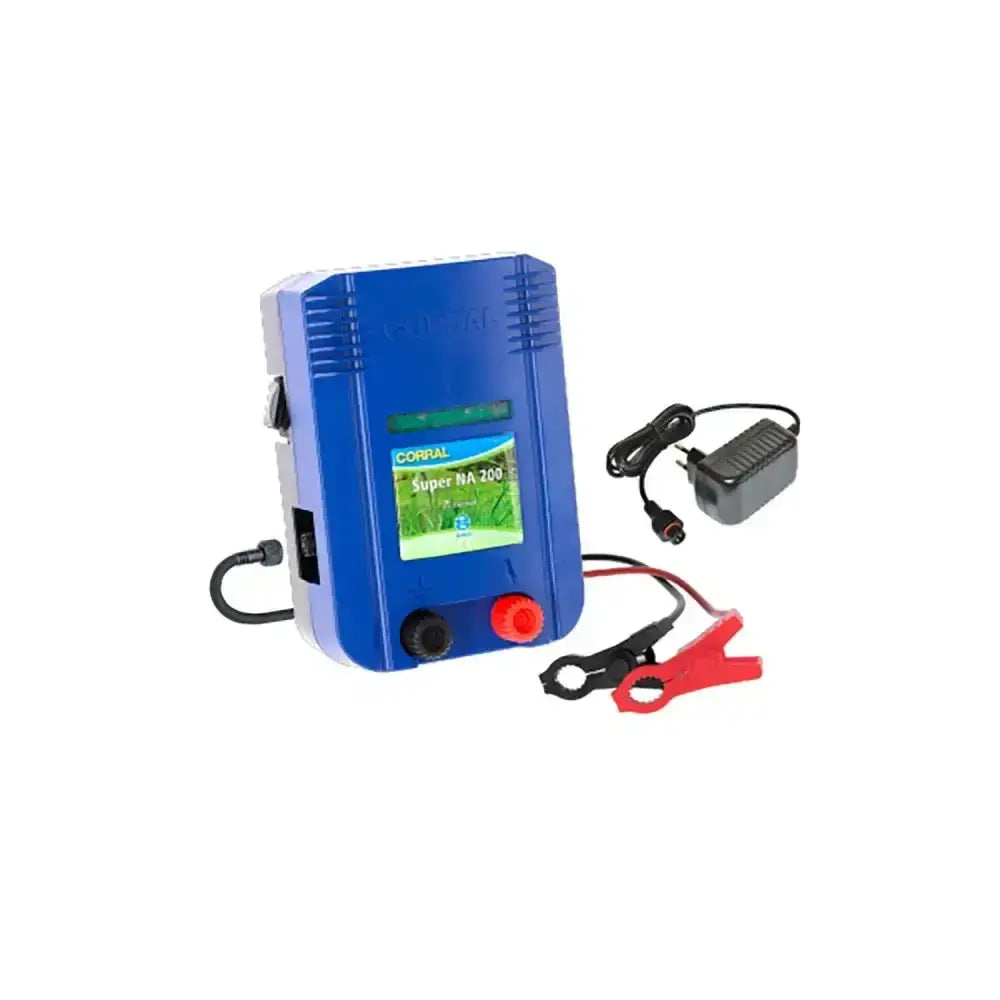 Blue plastic corral super na 200 rechargeable battery unit with red and black clips for 12v electric fence charging