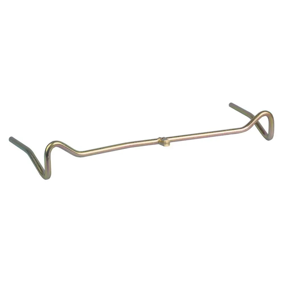 Metallic gold-colored corral tension arm wire hook with central joint and curved ends for use with in-line strainer