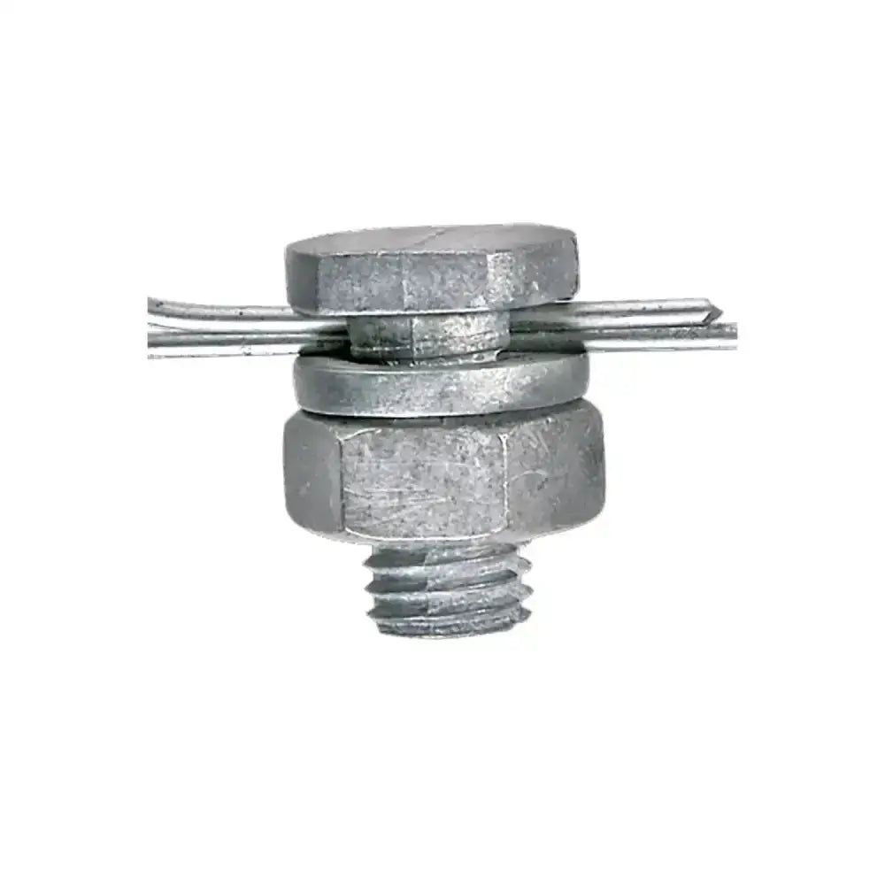 Galvanised corral wire connecting clamp made of galvanized steel with hexagonal nut and threaded bolt for secure wire joining
