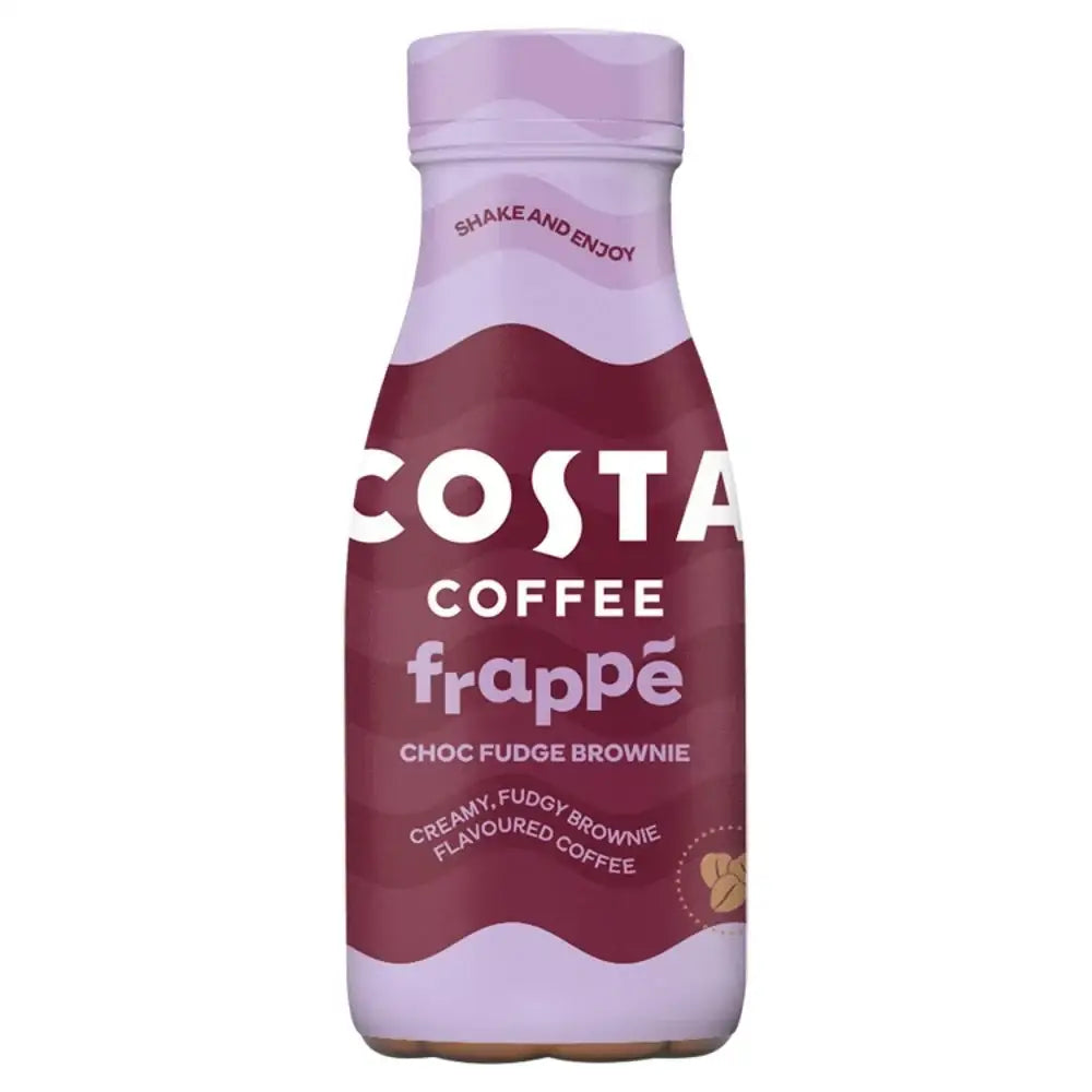 A costa frappe choc fudge brownie iced coffee in a sleek translucent bottle with a maroon lavender label perfect for jimmys iced coffee fans
